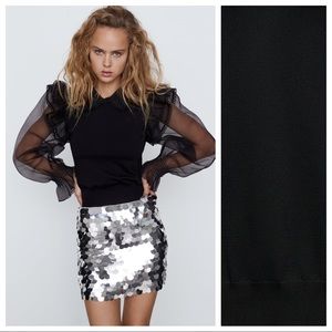 Zara Black Blouse with Sheer Sleeves